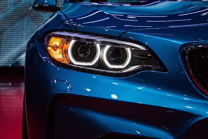 blue car, BMW, M2, Headlights, lines, Kidney Grille, blue cars, HD wallpaper