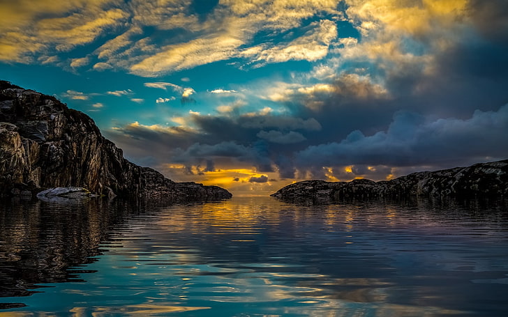 nature, landscape, sunset, coast, sky, sea, reflection, clouds, HD wallpaper