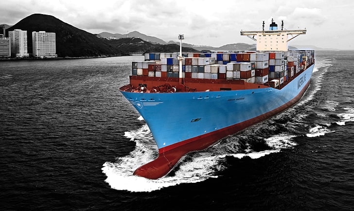 blue transport ship, Water, Sea, The ship, A container ship, Tank