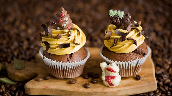 two cupcakes, food, dessert, chocolate, sweet food, indulgence, HD wallpaper