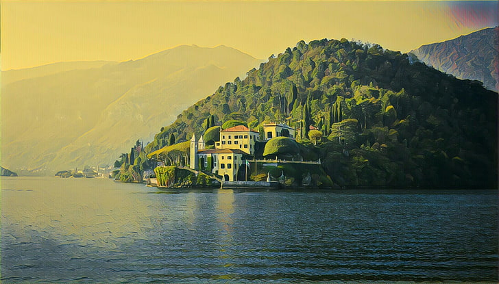 house near mountain on body of water, filter, photography, mansions