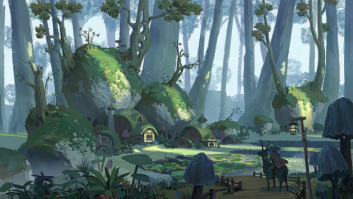 Pixel Cat, fantasy art, digital art, swamp, forest, village, HD wallpaper