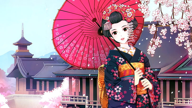 anime, anime girls, kimono, Asian architecture, cherry blossom, HD wallpaper