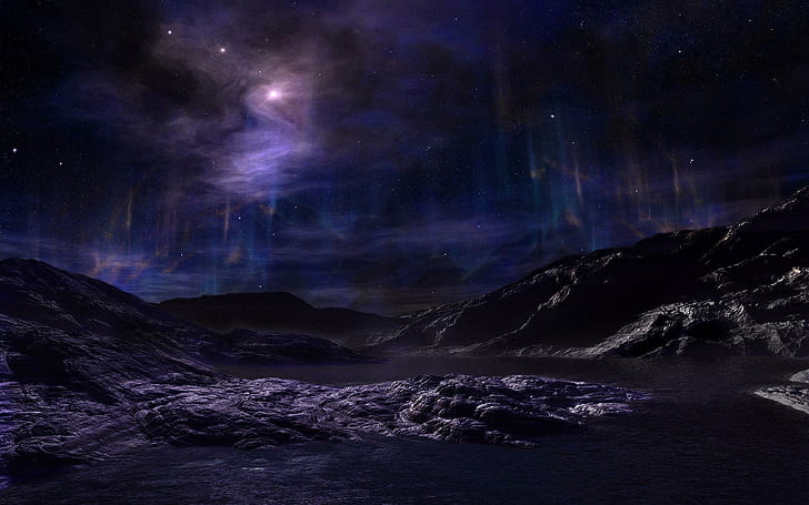 Superb starry sky, aurora mountain illustration, digital art