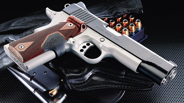 silver and black semi-automatic pistol, gun, weapons, cartridges