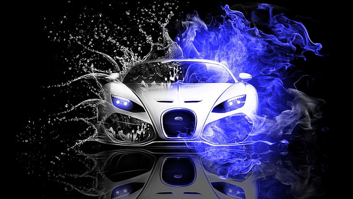 blue fire, flame, drops, water, sport car, water drops, reflection