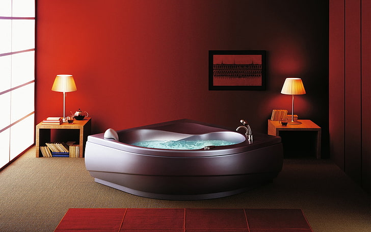 triangular gray hot tub, bathroom, interior, design, furniture, HD wallpaper