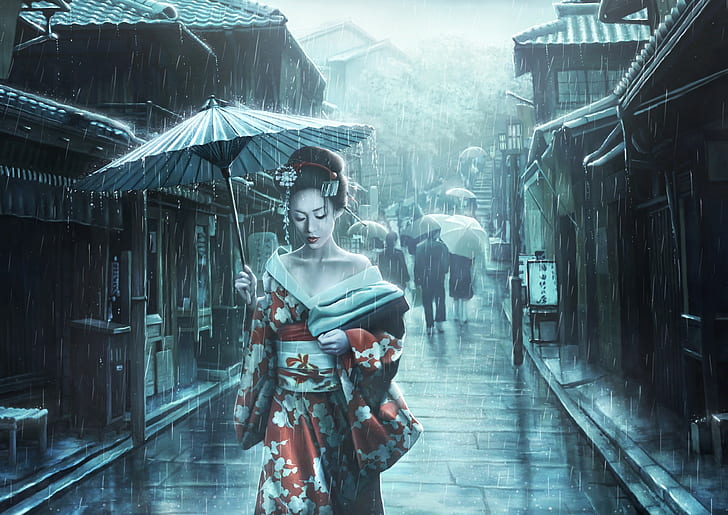 artwork, geisha, kimono, Japanese umbrella, Asian, dress, street