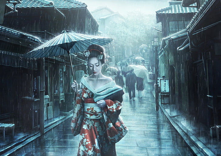 woman holding paper umbrella painting, artwork, women, Asian, HD wallpaper