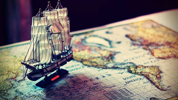 Sailing Ship, World Map, Miniatures, Macro, Maps, Continents, HD wallpaper