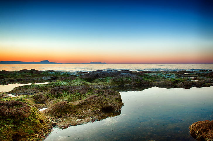 calm water surrounded grass, Spring, sunset, sea, sky, rocks, HD wallpaper