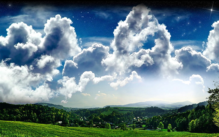 landscape, nature, sky, digital art, clouds, stars, cloud - sky, HD wallpaper
