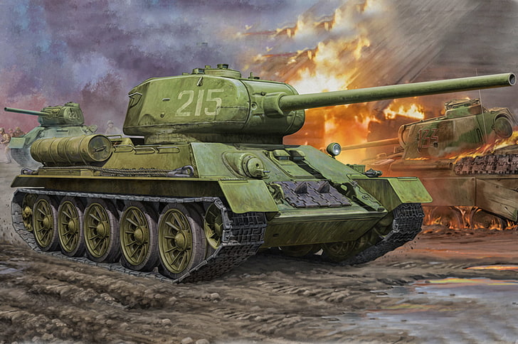 green tank illustration, war, art, painting, ww2, T-34-85.tank