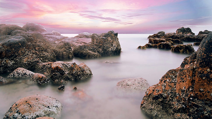cliff, morning, rocky, pink sky, phan thiet, vietnam, co thach beach, HD wallpaper