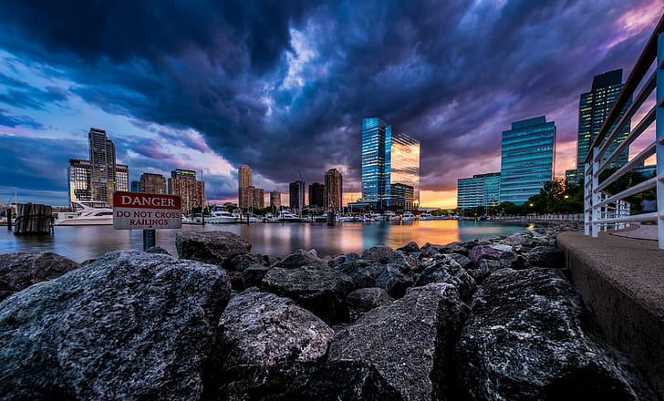 USA, New Jersey, silhouette of metropolis, rocks, river, beach, HD wallpaper