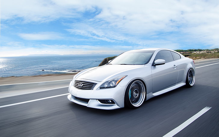 silver Infiniti coupe, g37, side view, speed, car, transportation