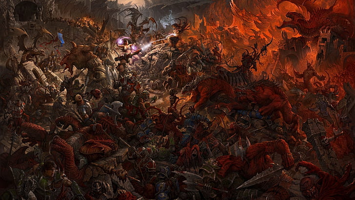 warhammer, battle, fantasy, artwork, orcs, magic, warriors, HD wallpaper