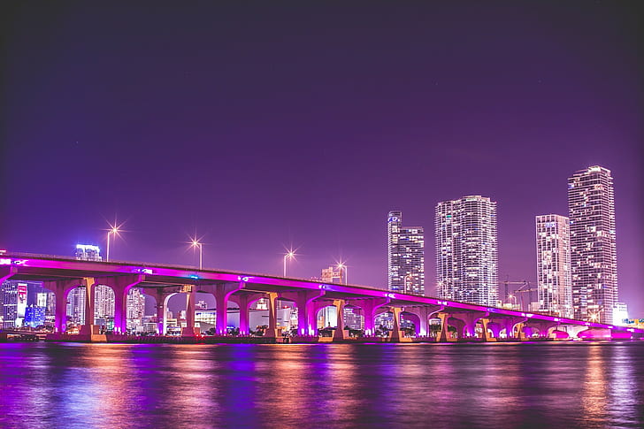 Florida, Miami, lightened buildings near bridge photo, vice city