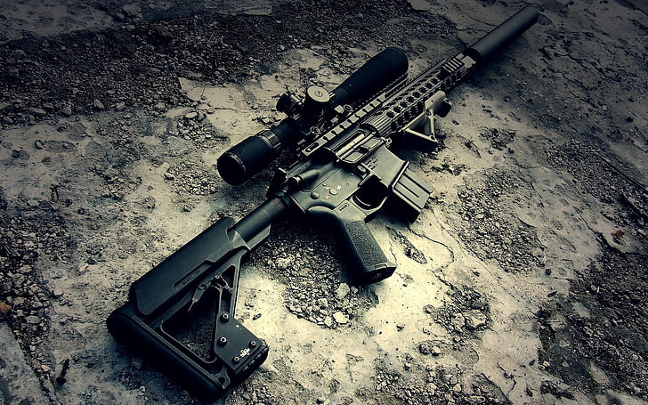 black assault rifle with tactical scope, AR-15, rifles, gun, weapon, HD wallpaper
