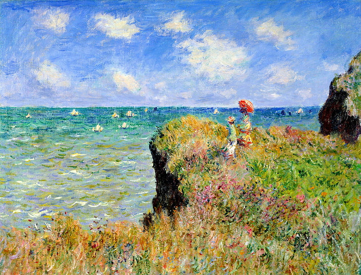 two children near ocean painting, sea, grass, landscape, flowers