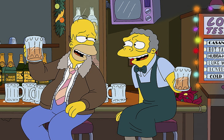 Homer Simpson, The Simpsons, beer, Moe Sizlack, bar, food and drink, HD wallpaper