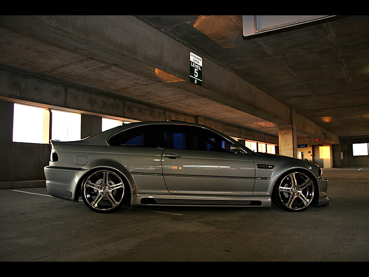 silver BMW E46 coupe, tuning, Parking, large disks, car, transportation, HD wallpaper