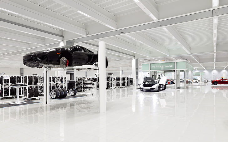 white and black wooden table, car, McLaren Technology Centre