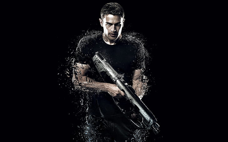 Theo James Four Insurgent, men's black crew neck t shirt;gray rifle