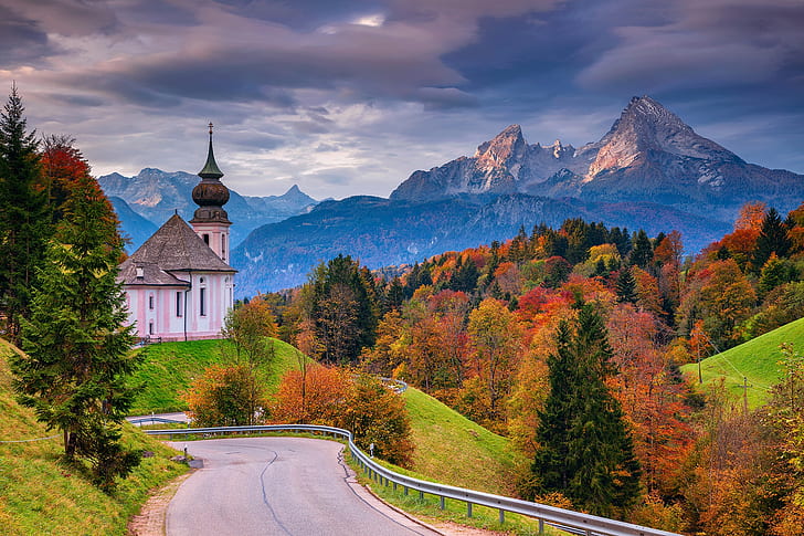 road, autumn, forest, trees, mountains, Germany, Bayern, Church, HD wallpaper