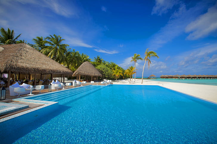 maldives, ocean, swimming pool, HD wallpaper