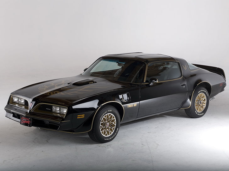 black Pontiac coupe, retro, bandit, 1978, trans am, Firebird