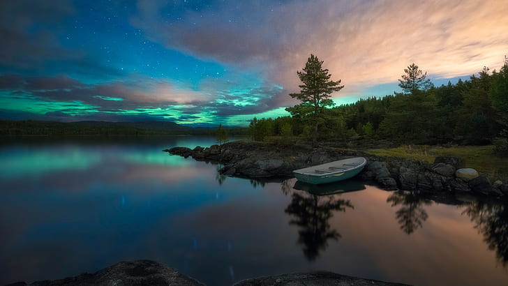starry night, ringerike, reflection, night sky, norway, lake