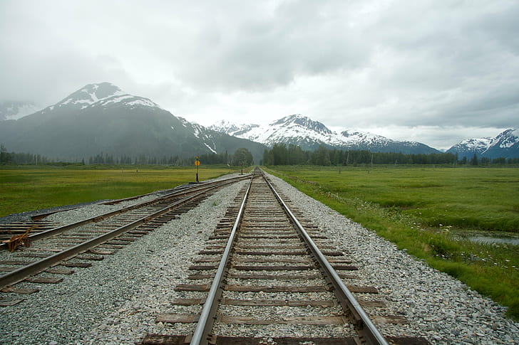 gray and brown metal train trail near grass, alaskan, alaskan