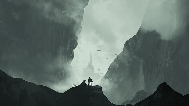 man and dragon looking at castle artwork, digital art, mountains