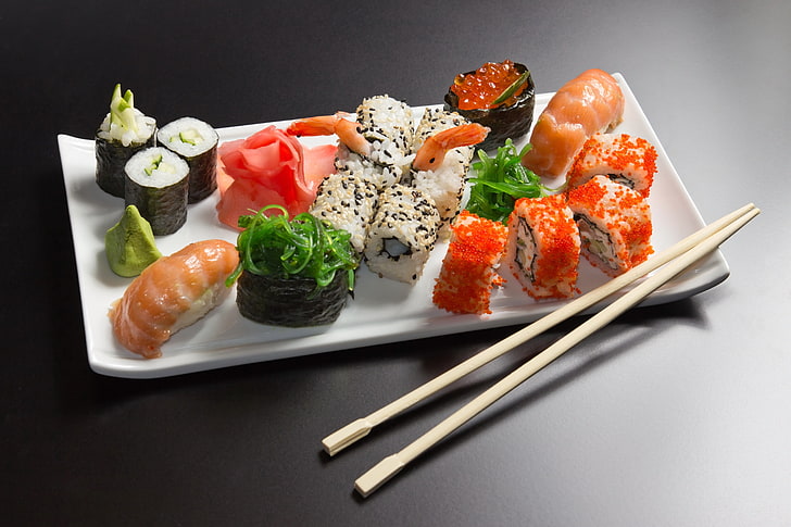 sushi dish, rolls, seafood, tasty japanese cuisine, chopsticks