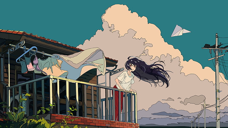 black haired girl anime character illustration, clouds, sky, cloth