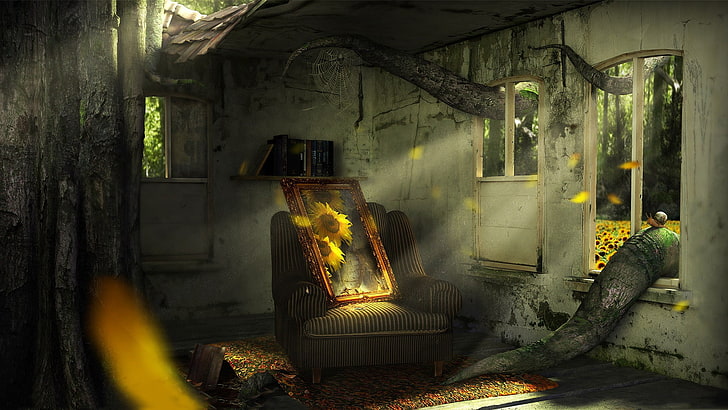 sunflower painting on chair, digital art, nature, spiderwebs, HD wallpaper