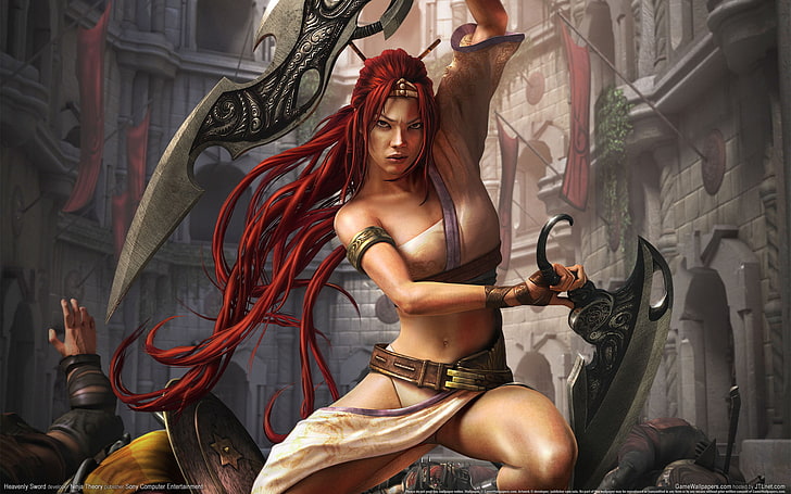 female with two swords illustration, girl, the city, warrior