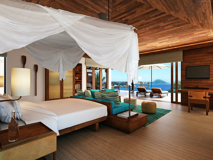 Lux, blue, bed, Maldives Water Villa, tourism, Best Hotels of 2015, HD wallpaper