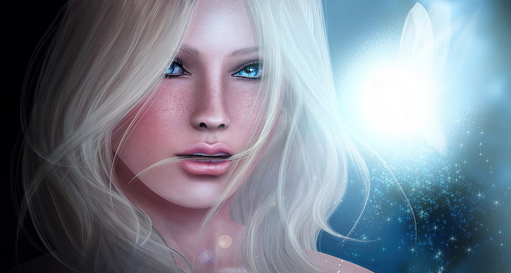 fantasy art, fantasy girl, artwork, face, blue eyes, beautiful woman, HD wallpaper