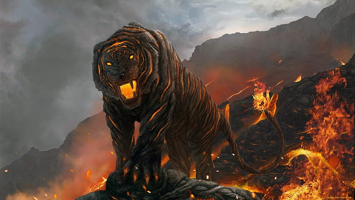black and orange lava tiger illustration, volcano, fire, fantasy art