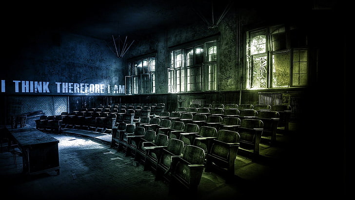 abandoned theater, classroom, quote, grunge, empty, chair, indoors