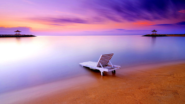 indonesia, relax, vacation, summer, purple sky, asia, sunbed, HD wallpaper