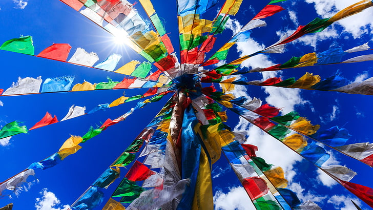 religion, buddhism, tibet, flag, prayer flags, lungta, low angle view