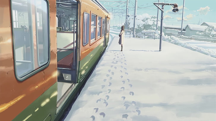 anime wallpaper, winter, women, train, train station, 5 Centimeters Per Second