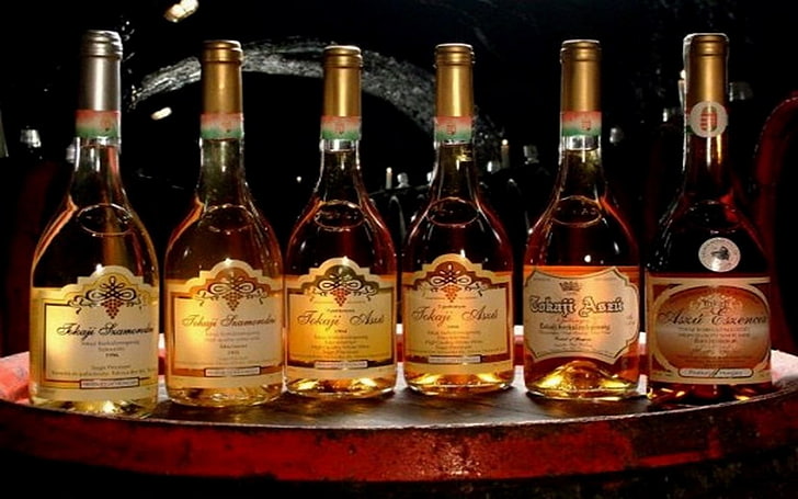 six labeled glass bottles on brown table, Tokaji Aszu, wine, Hungarian, HD wallpaper