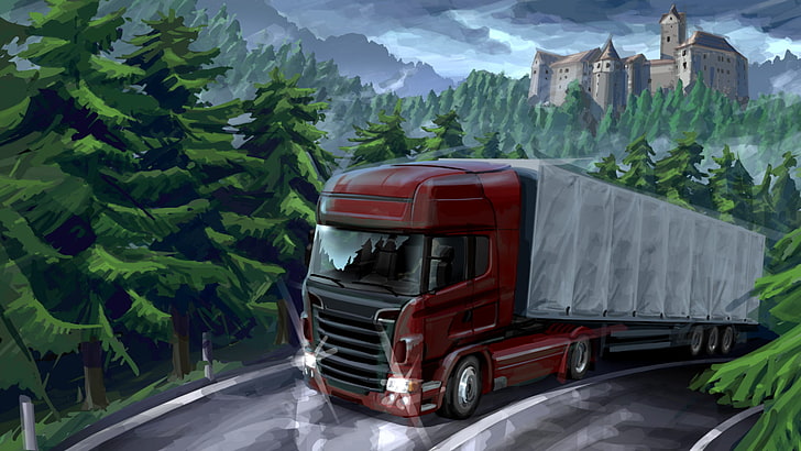 red freight truck, road, nature, markup, art, van, car, painting