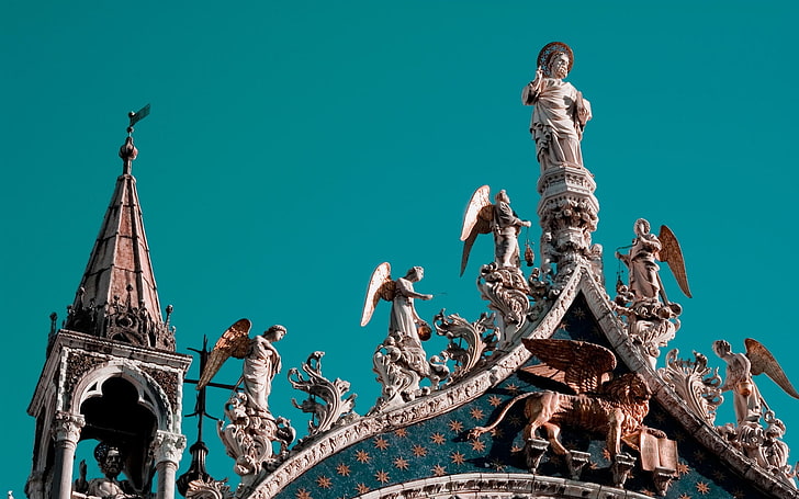 assorted-character statue lot, venice, statues, roof, architecture, HD wallpaper