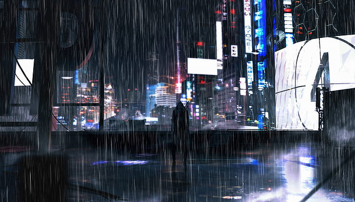 digital, digital art, artwork, illustration, rain, night, city, HD wallpaper