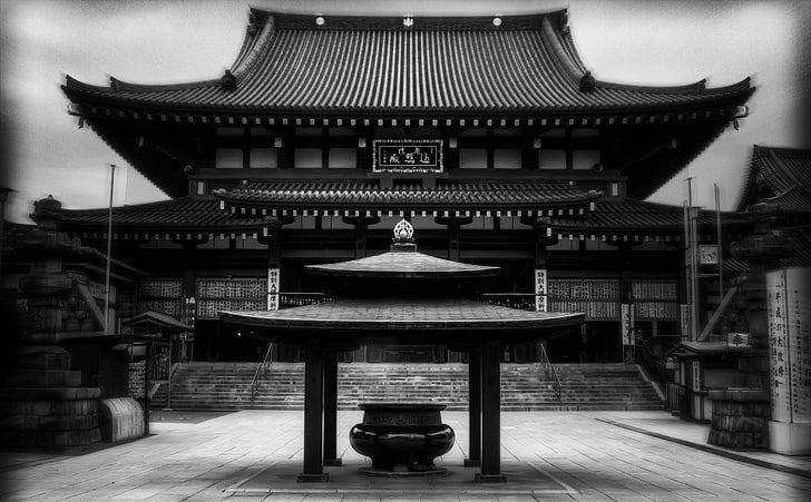 Dai Hondo, Black and White, Japan, Tokyo, Temple, Kawasaki, canon, HD wallpaper